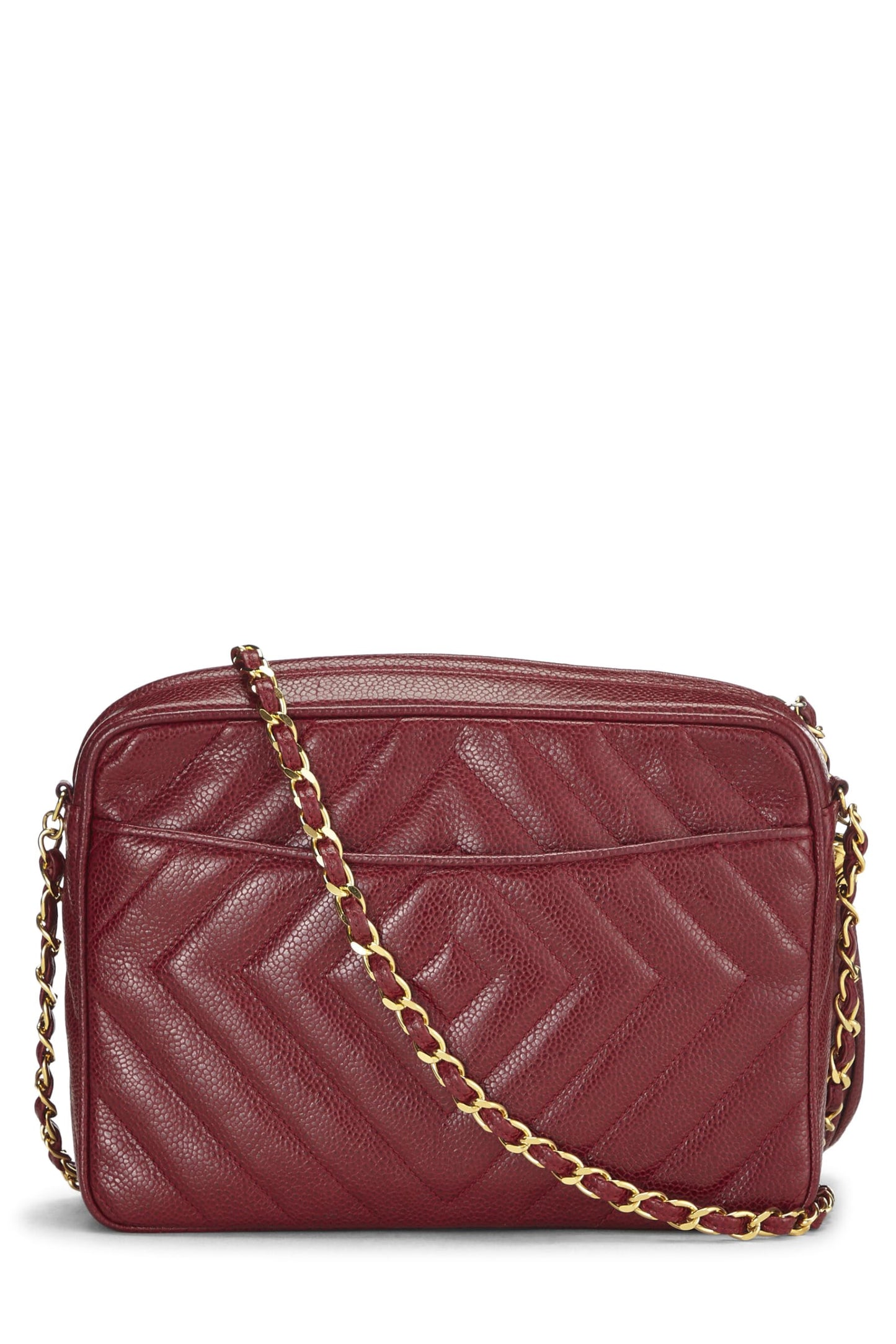 Chanel, sac photo « CC » Red Caviar Diamond d'occasion, grand modèle, bordeaux