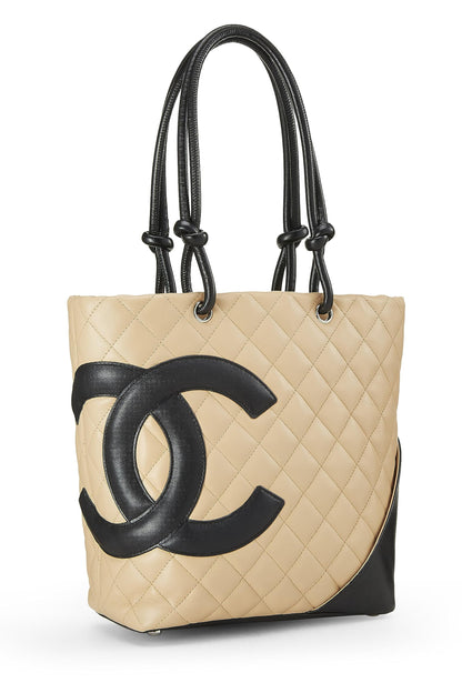 Chanel, sac cabas Cambon en cuir de veau matelassé beige d'occasion, petit modèle, beige