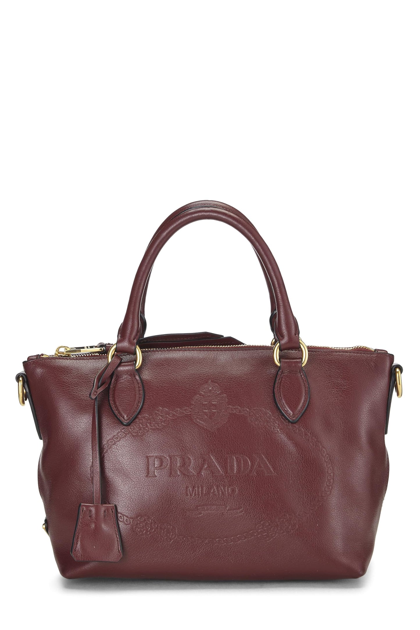 Prada, sac à main convertible en cuir de veau bordeaux avec logo en relief, bordeaux