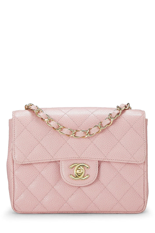 Chanel, Pre-Loved Pink Quilted Caviar Classic Square Flap Mini, Pink