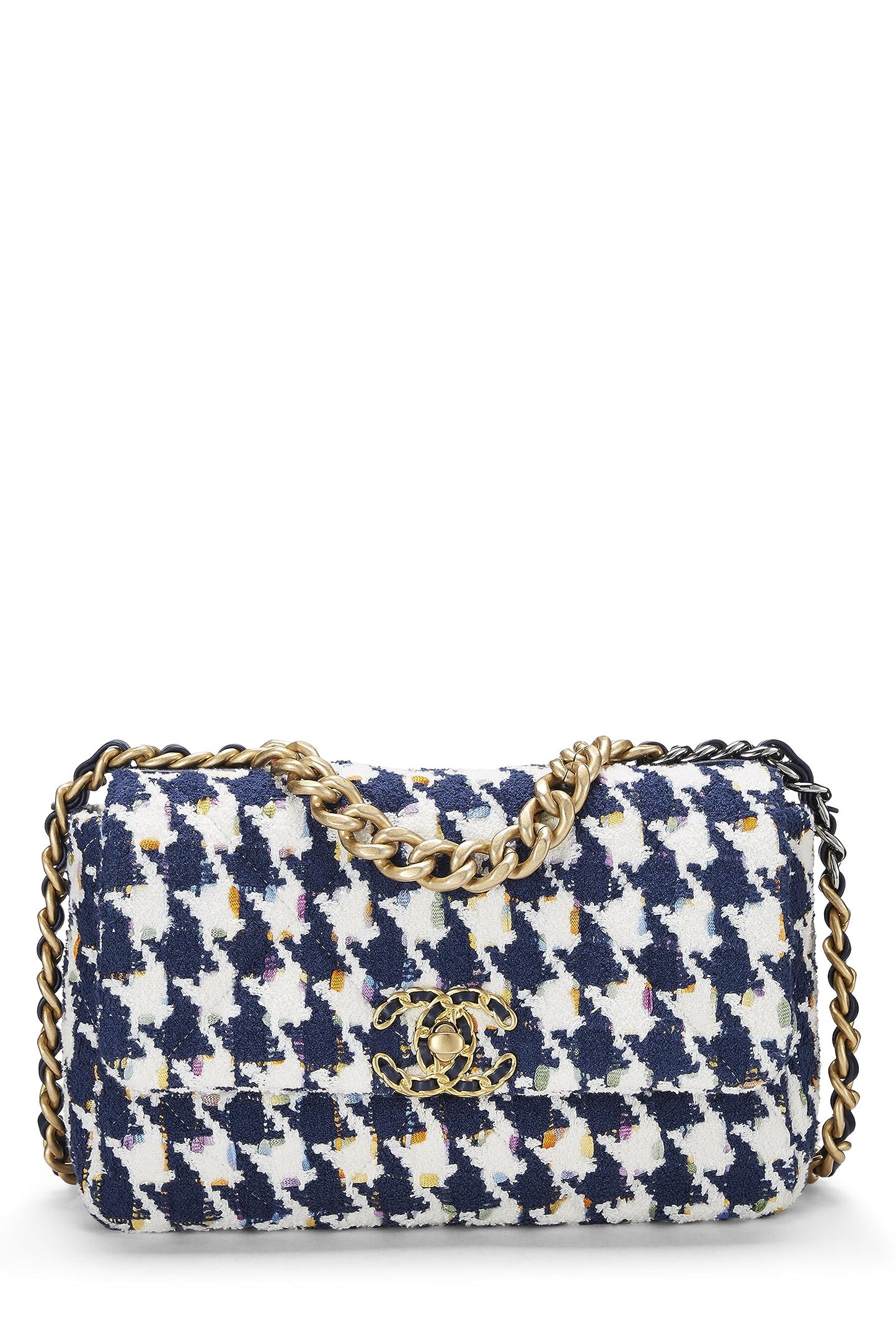 Chanel, sac à rabat 19 en tweed matelassé bleu et multicolore d'occasion, taille moyenne, multicolore