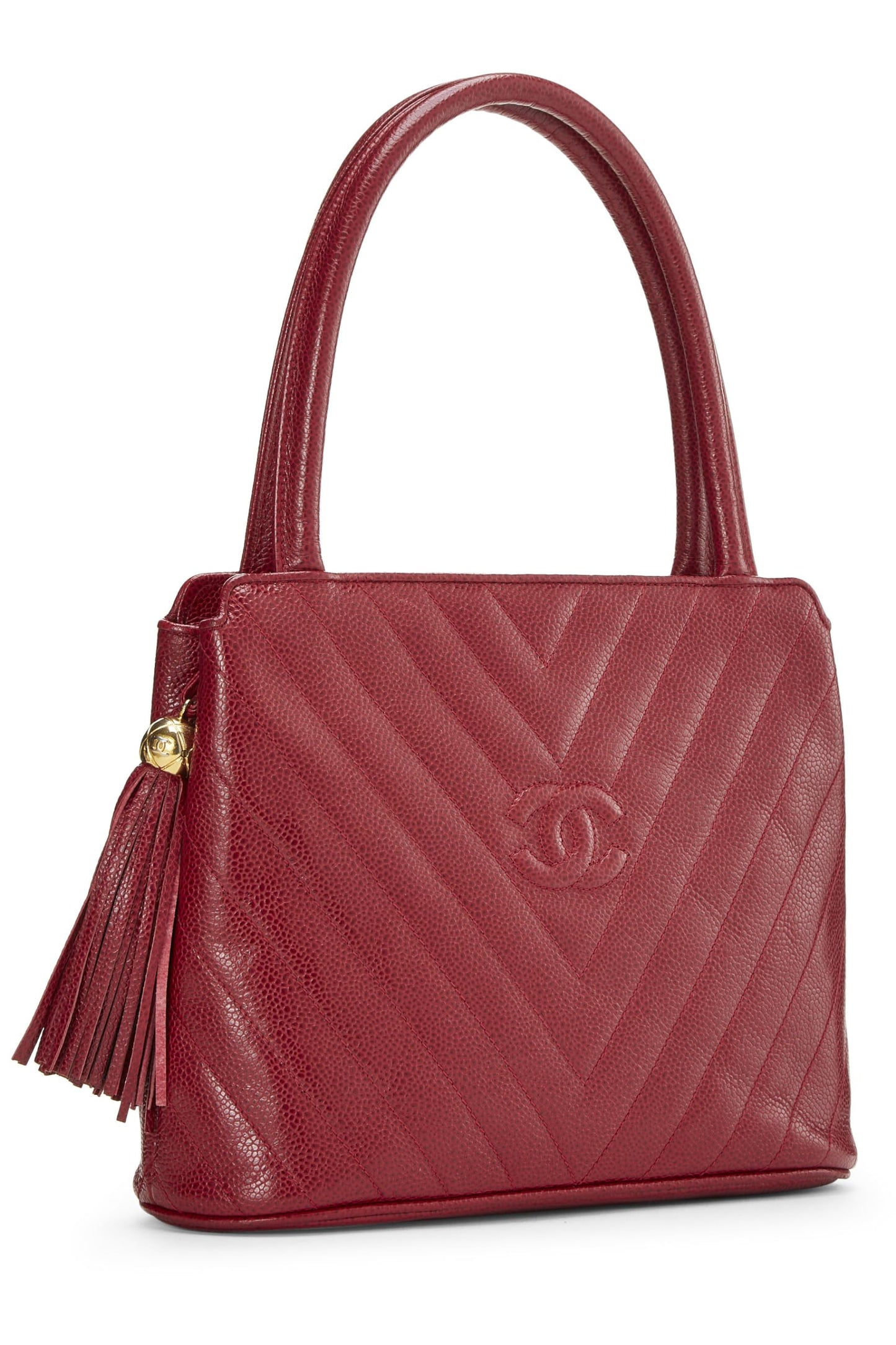 Chanel, Bolso de mano de caviar acolchado rojo Pre-Loved, Borgoña