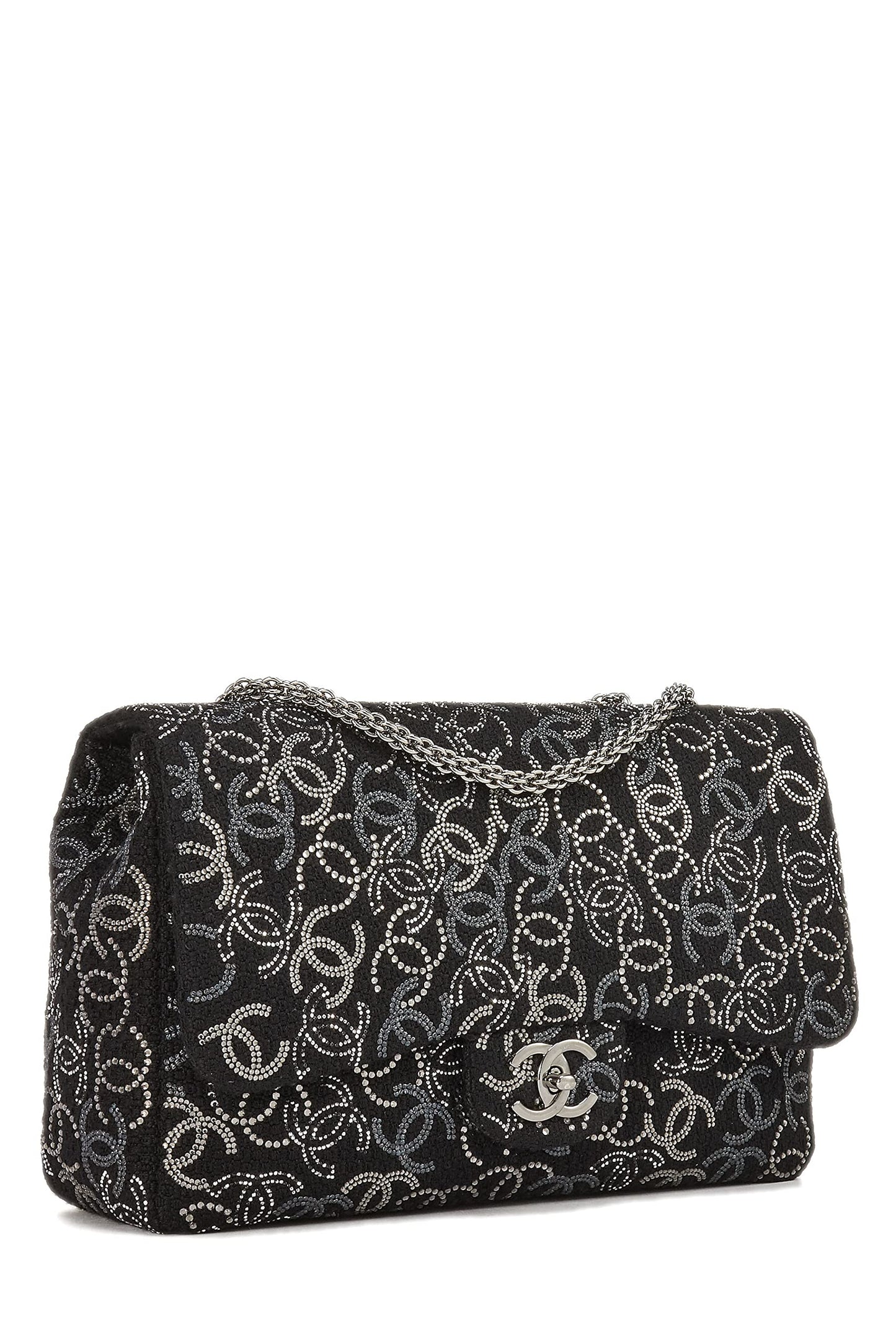 Chanel, sac à main jumbo à demi-rabat en tweed noir et cristaux Paris-Shanghai, modèle CC, d'occasion, noir