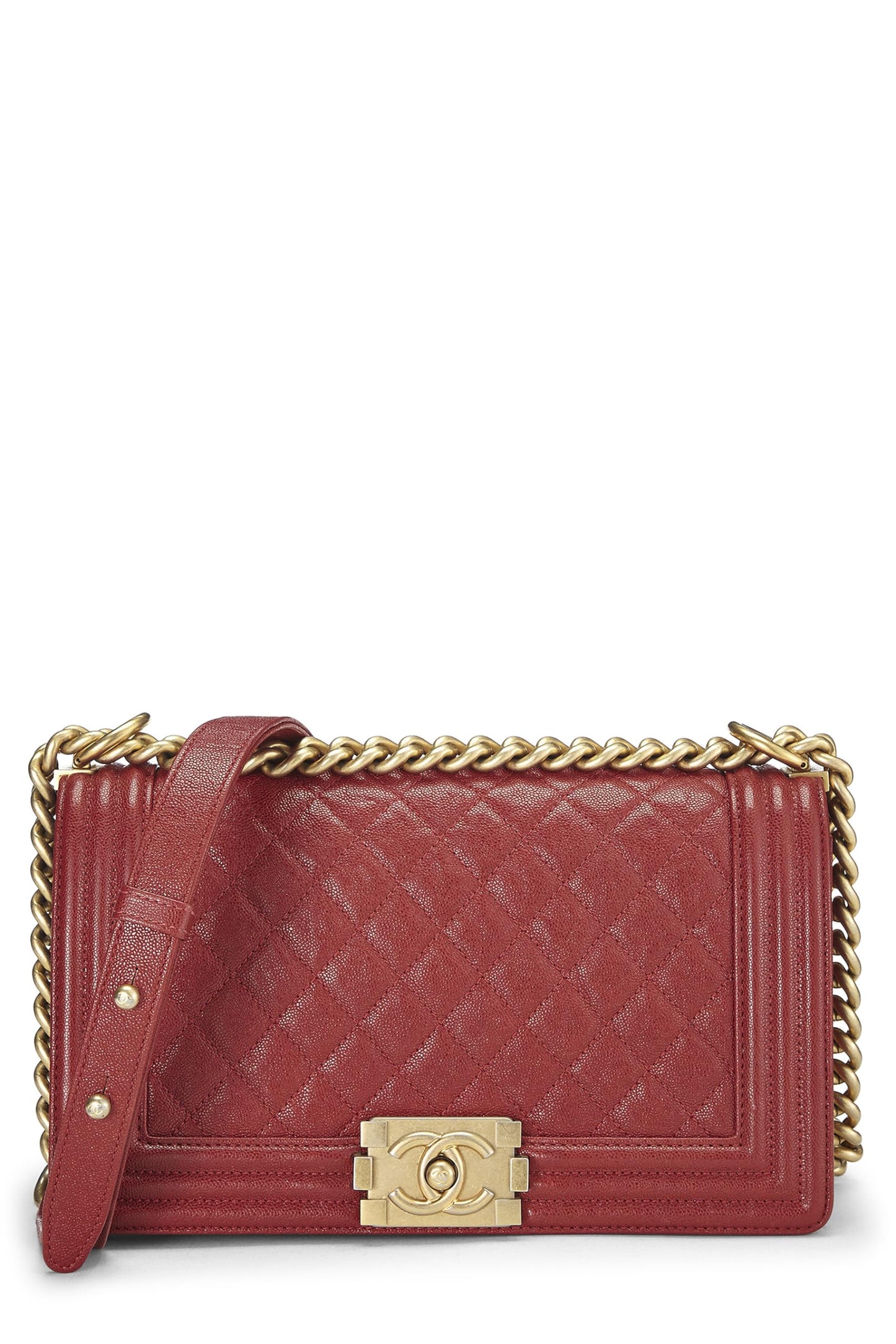 Chanel, sac Boy Caviar matelassé rouge de taille moyenne, d'occasion, rouge