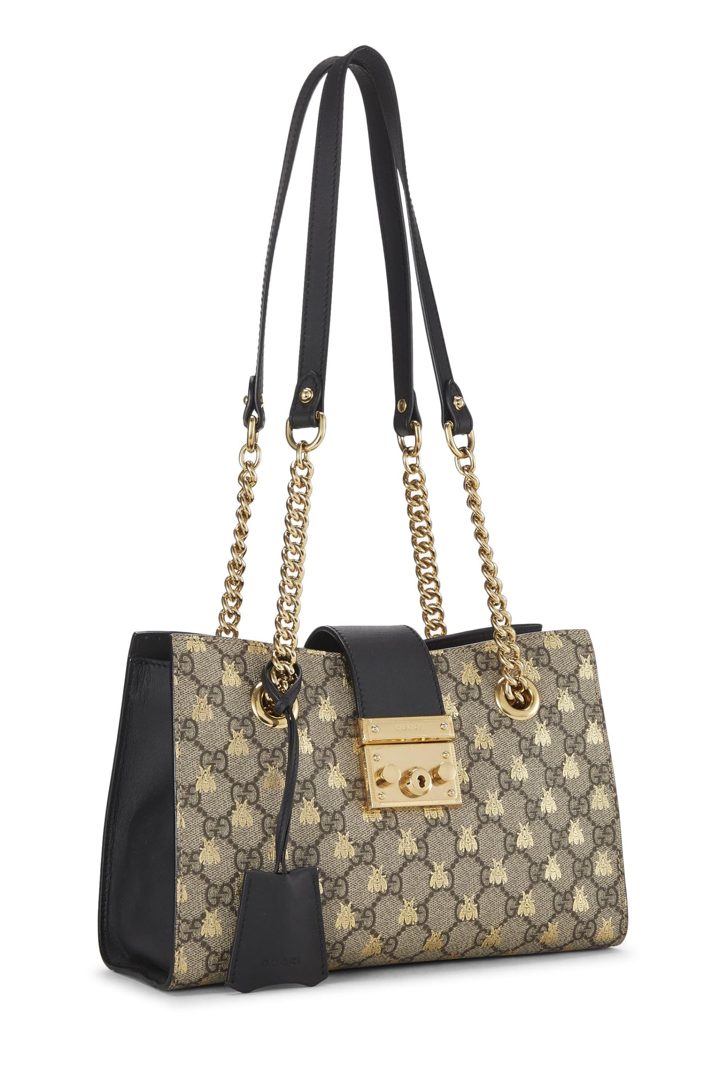 Gucci, sac fourre-tout en toile noire GG Supreme d'occasion, petit modèle, avec cadenas et abeilles, noir