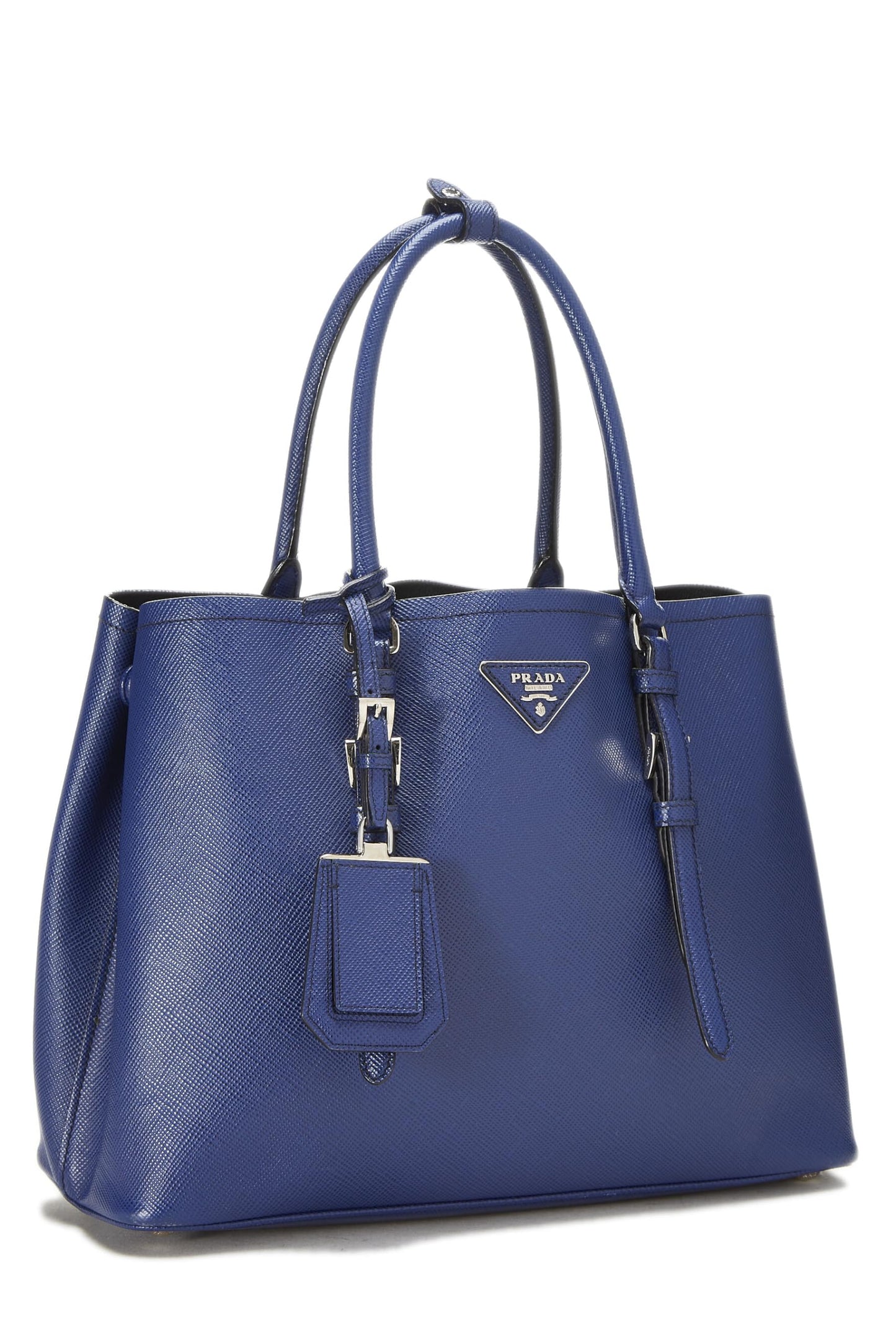 Prada, sac fourre-tout double moyen en cuir Saffiano bleu d'occasion, bleu