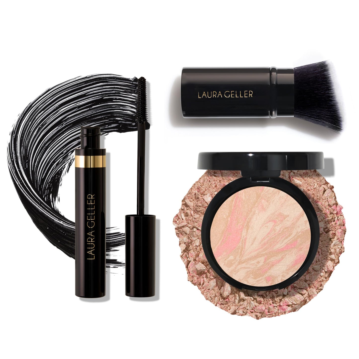 Fond de teint poudre Baked Balance-n-Brighten de LAURA GELLER NEW YORK, pinceau kabuki biseauté en porcelaine + rétractable + mascara noir Kajal Longwear Length and Volume