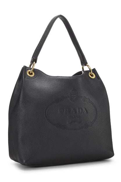 Prada, Pre-Loved Black Vitello Daino Embossed Logo Hobo, Black