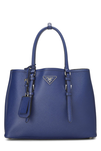 Prada, sac fourre-tout double moyen en cuir Saffiano bleu d'occasion, bleu