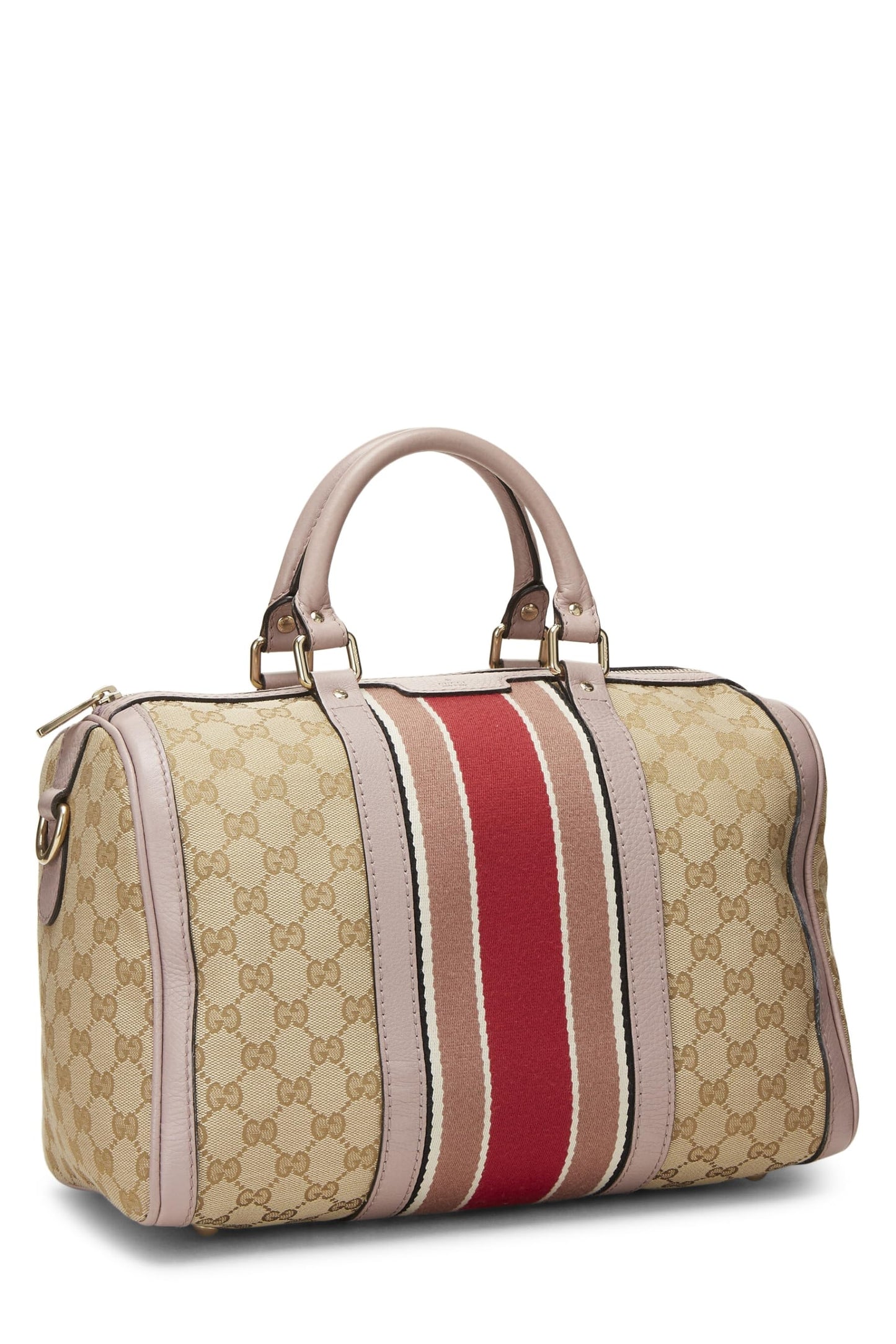 Gucci, Pre-Loved Pink Original GG Canvas Web Boston Bag Medium, Pink