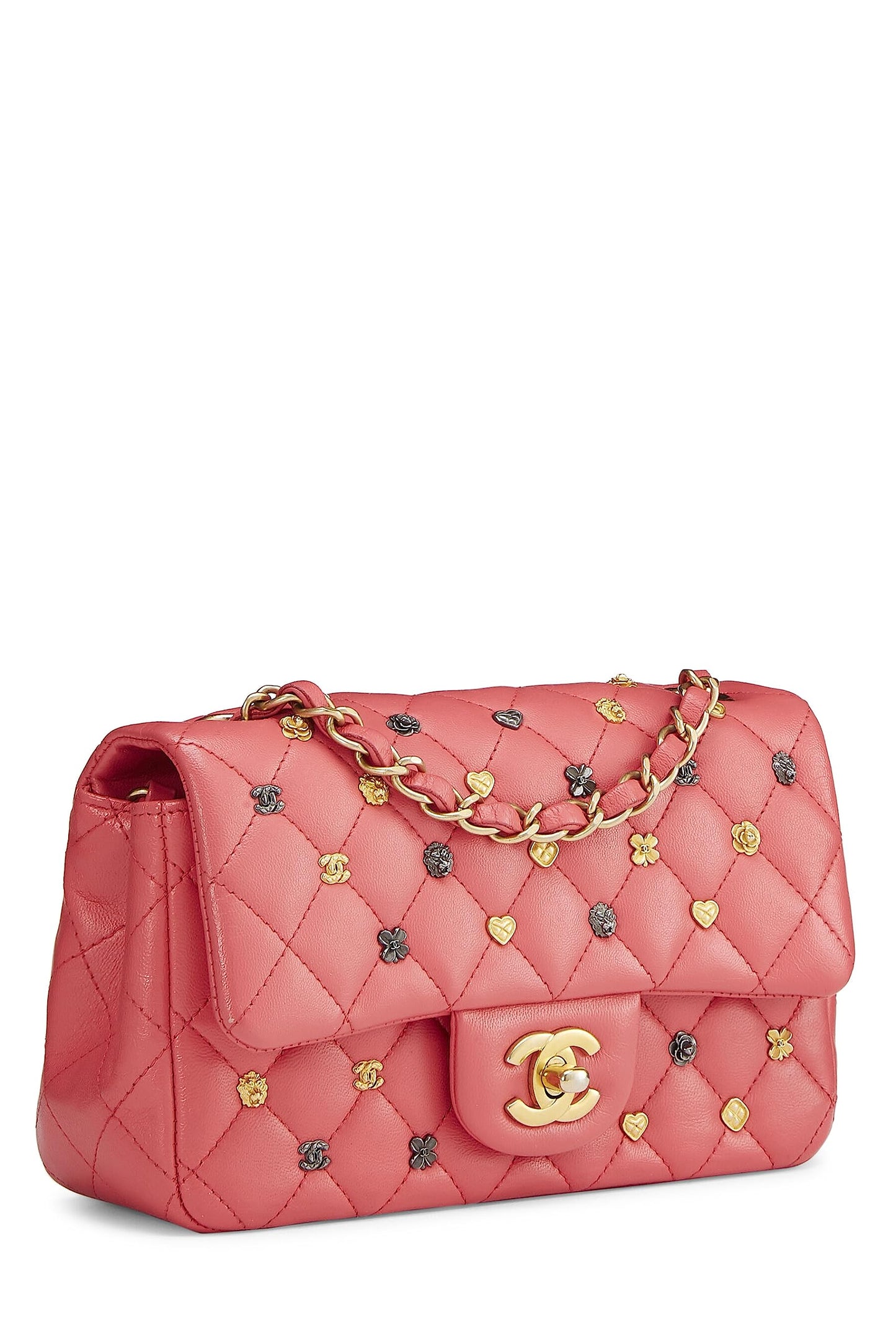 Chanel, Mini porte-monnaie rectangulaire Lucky Charm en cuir d'agneau rose d'occasion, rose