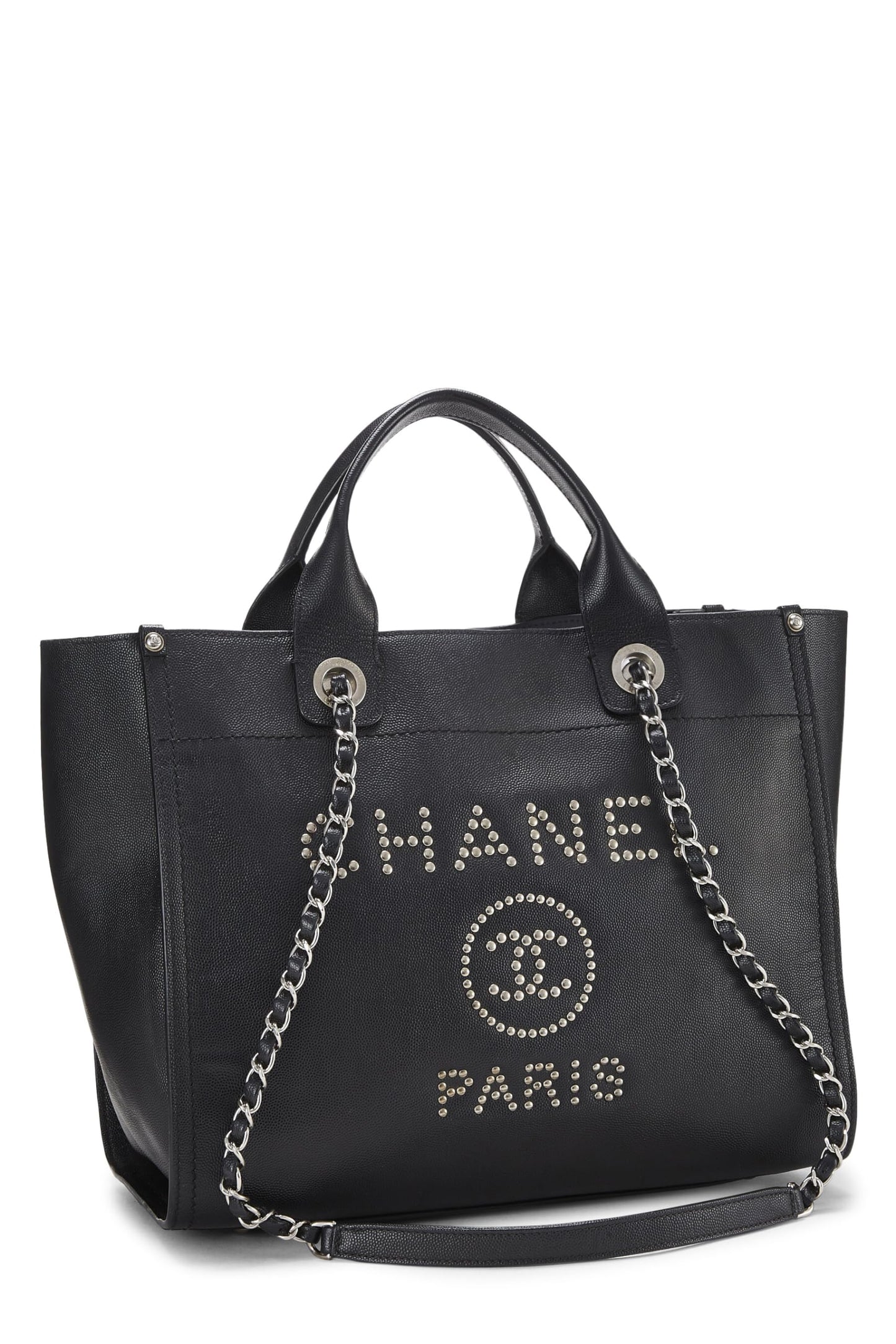 Chanel, sac cabas Deauville clouté Black Caviar Small, noir, d'occasion