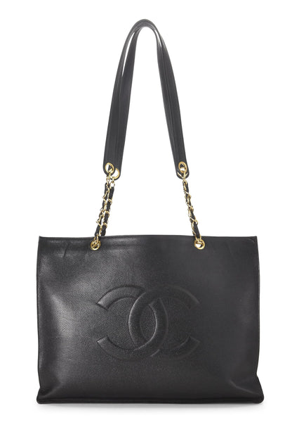 Chanel, sac fourre-tout à poignée plate en chaîne Black Caviar Medium d'occasion, noir