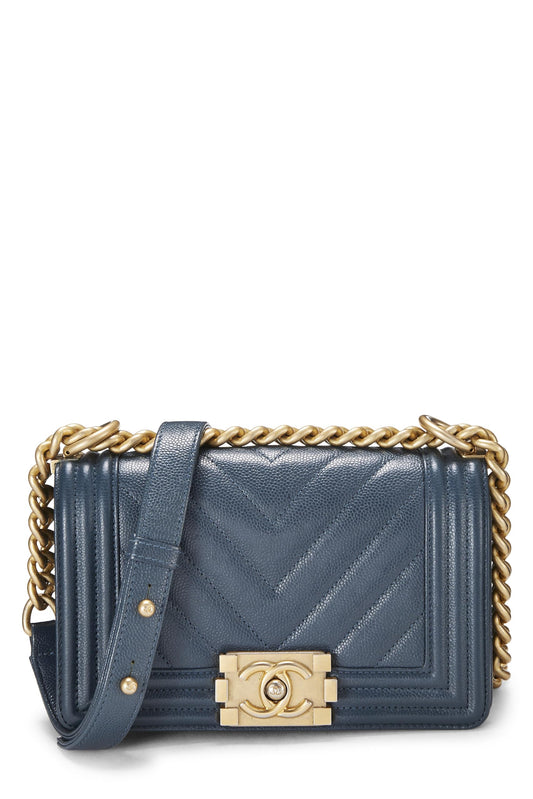 Chanel, sac Boy Caviar Blue Chevron Small d'occasion, bleu