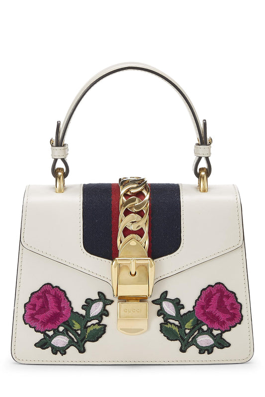 Gucci, Sylvie Mini con tribanda de cuero bordada en blanco Pre-Loved, Blanco