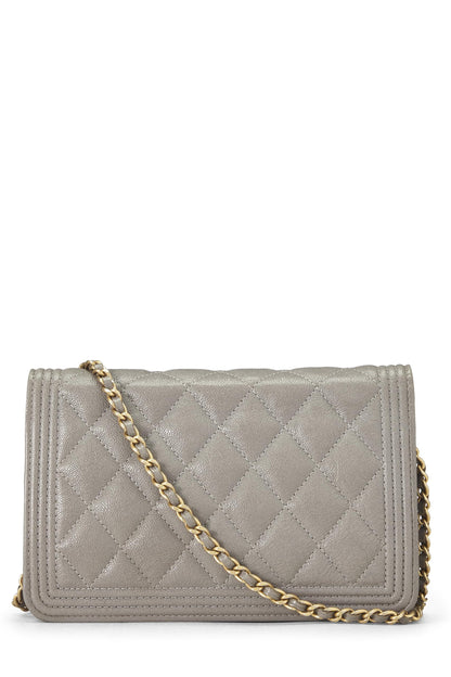 Chanel, Portefeuille Boy Caviar gris sur chaîne d'occasion (WOC), gris