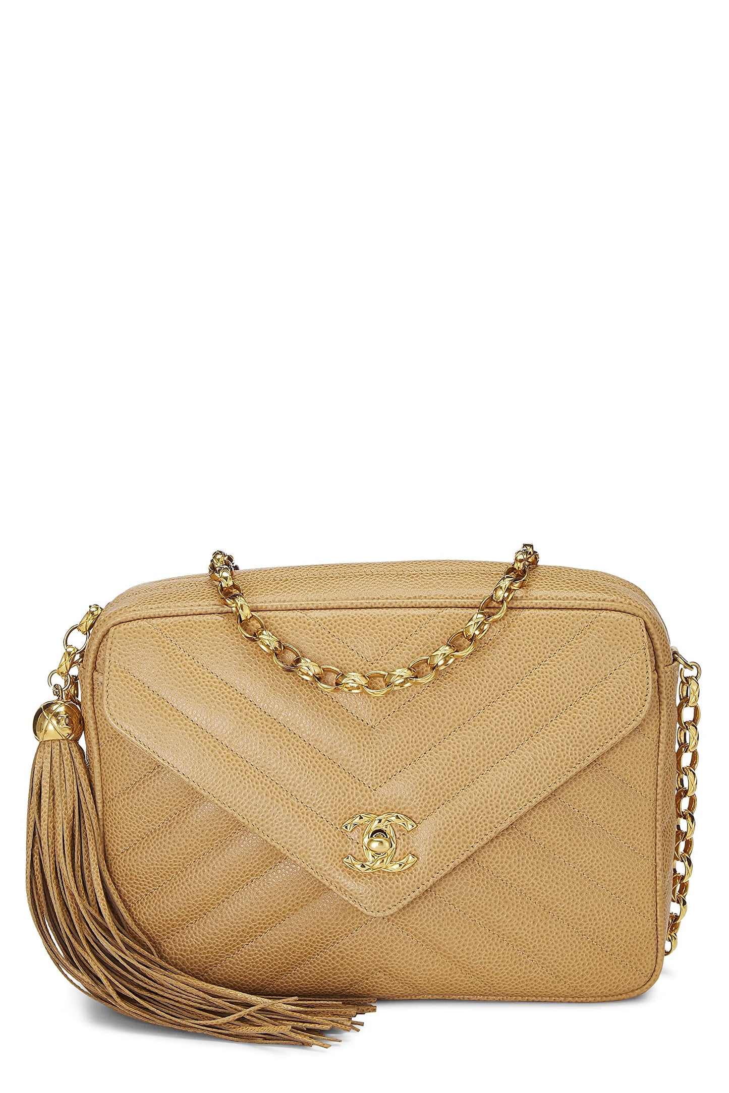 Chanel, Bolso para cámara con bolsillo en caviar y chevron beige Pre-Loved, mediano, Beige