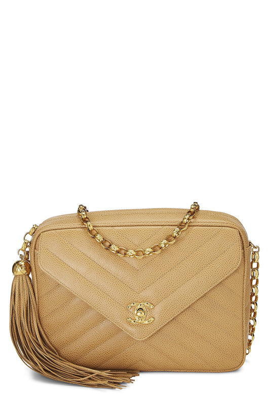 Chanel, Pre-Loved Beige Chevron Caviar Pocket Camera Bag Medium, Beige