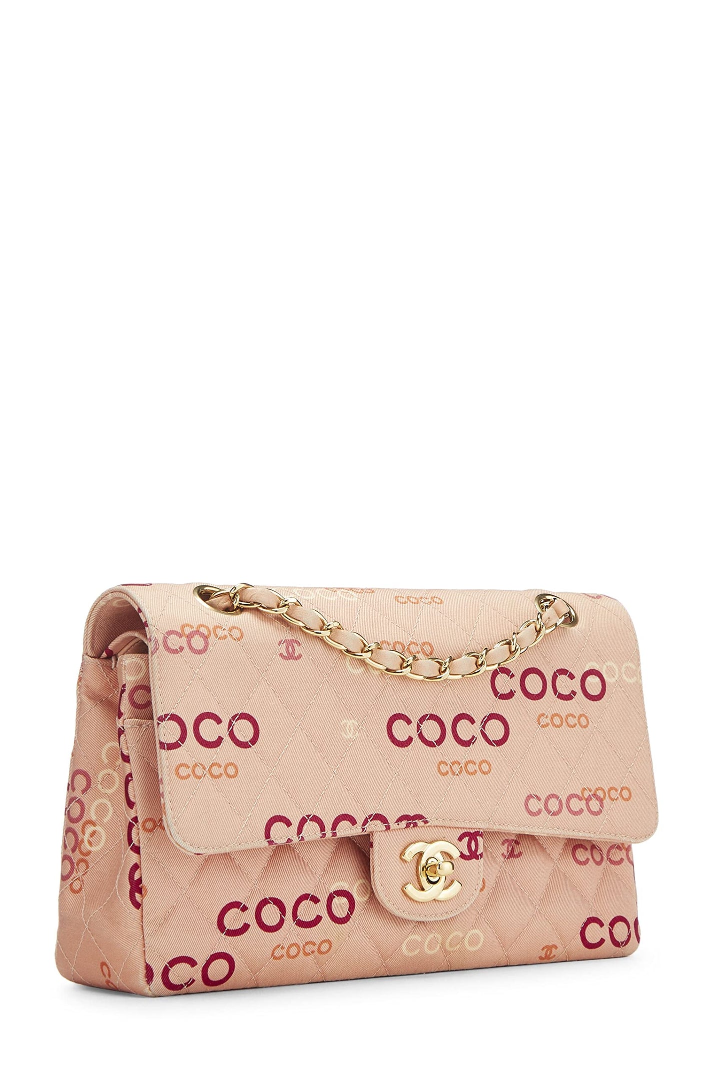 Chanel, Sac à main Coco Classic Double Flap Medium en toile matelassée rose d'occasion, rose