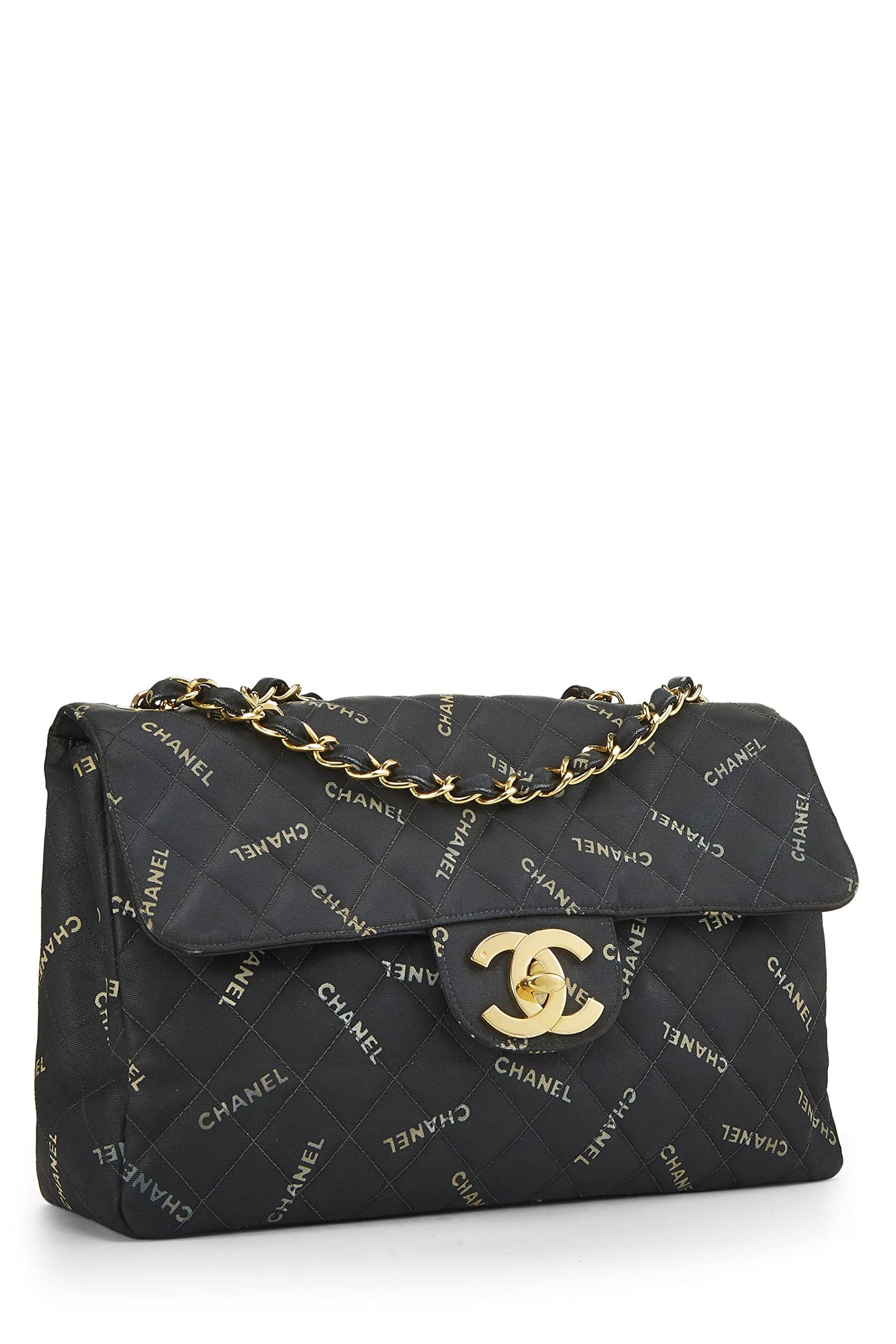 Chanel, Maxi sac à rabat demi-corps en toile noire avec logo d'occasion, noir