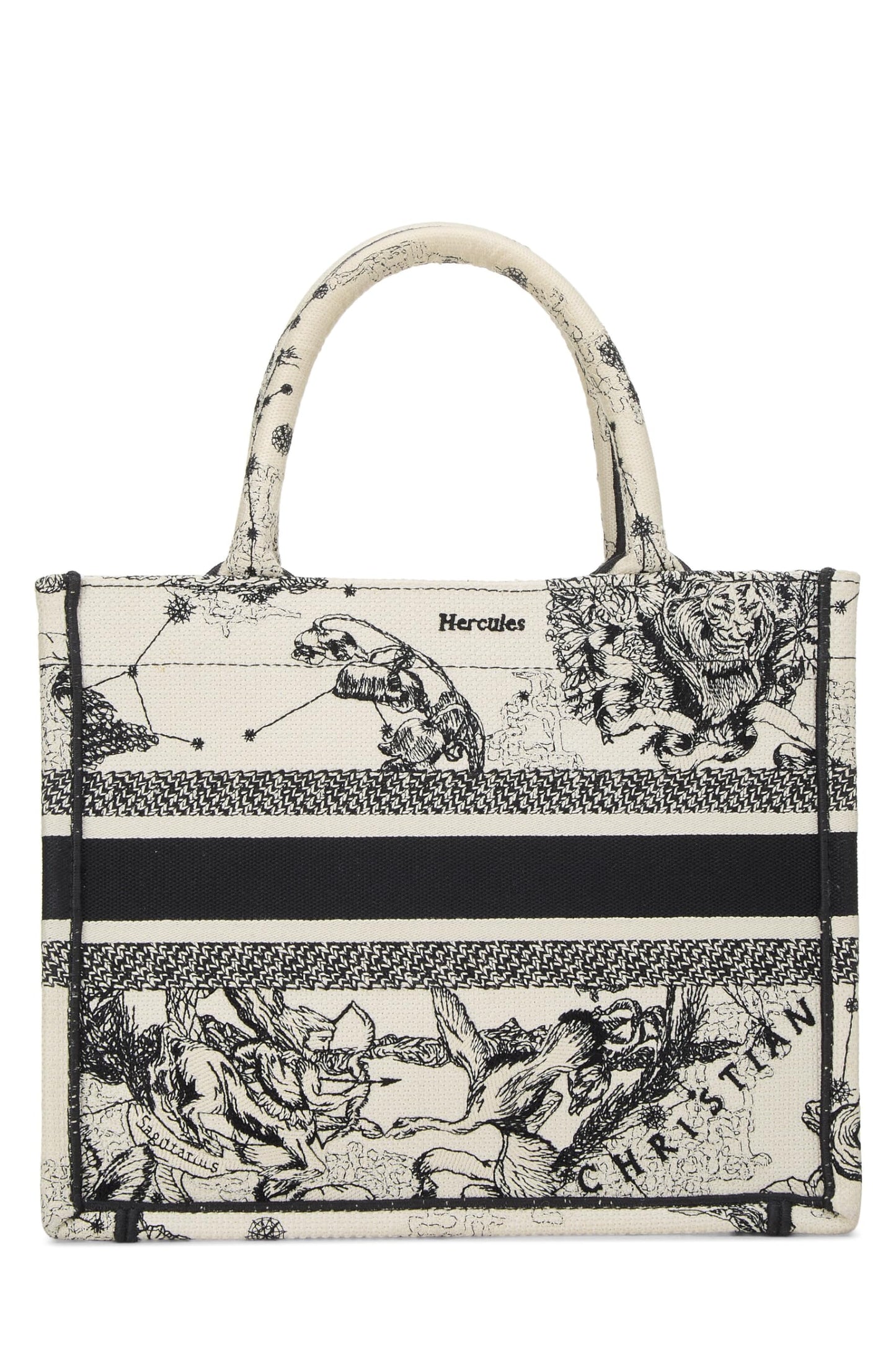 Dior, Pre-Loved Black & White Zodiac Embroidered Canvas Book Tote Small, White