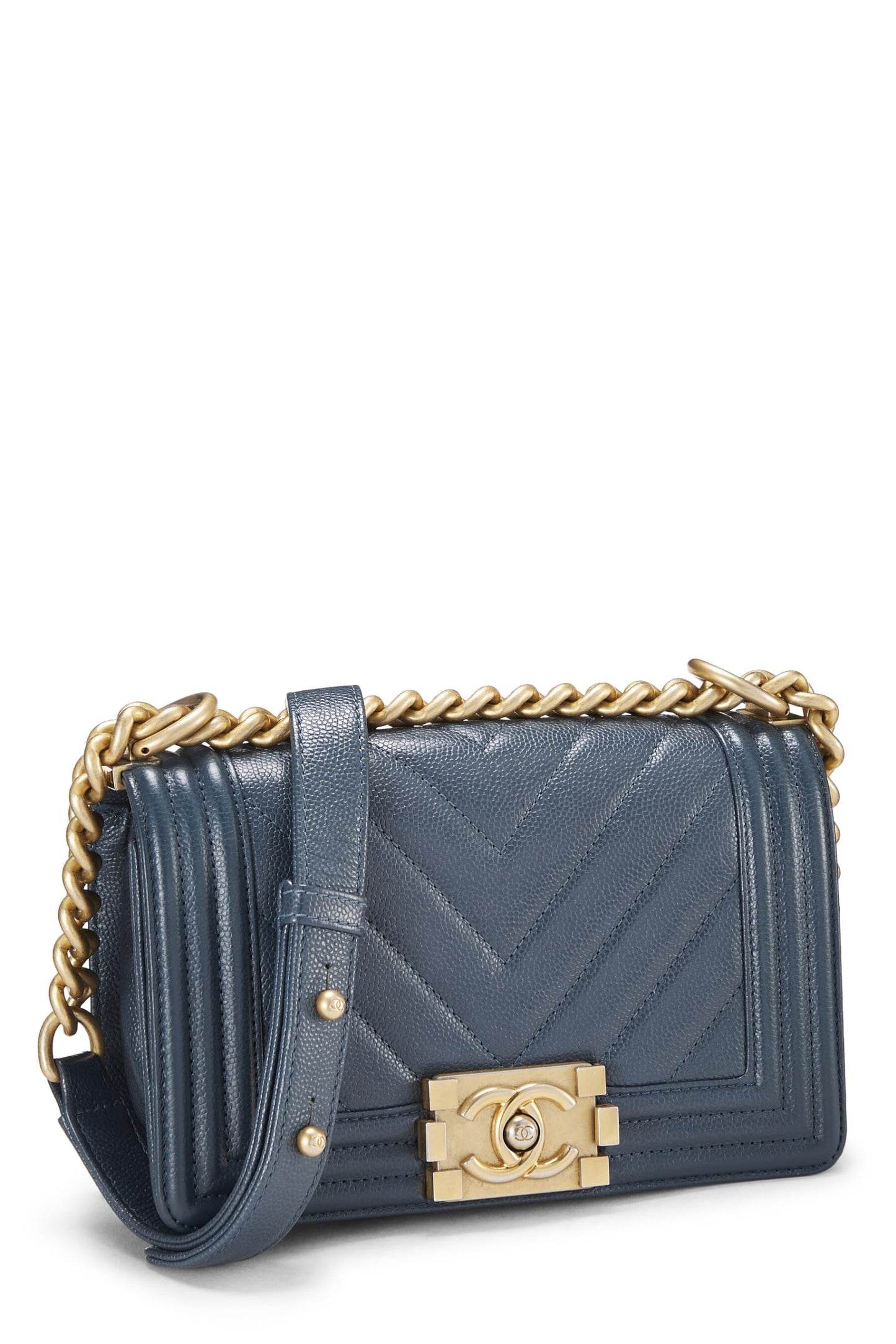 Chanel, Pre-Loved Blue Chevron Caviar Boy Bag Small, Blue