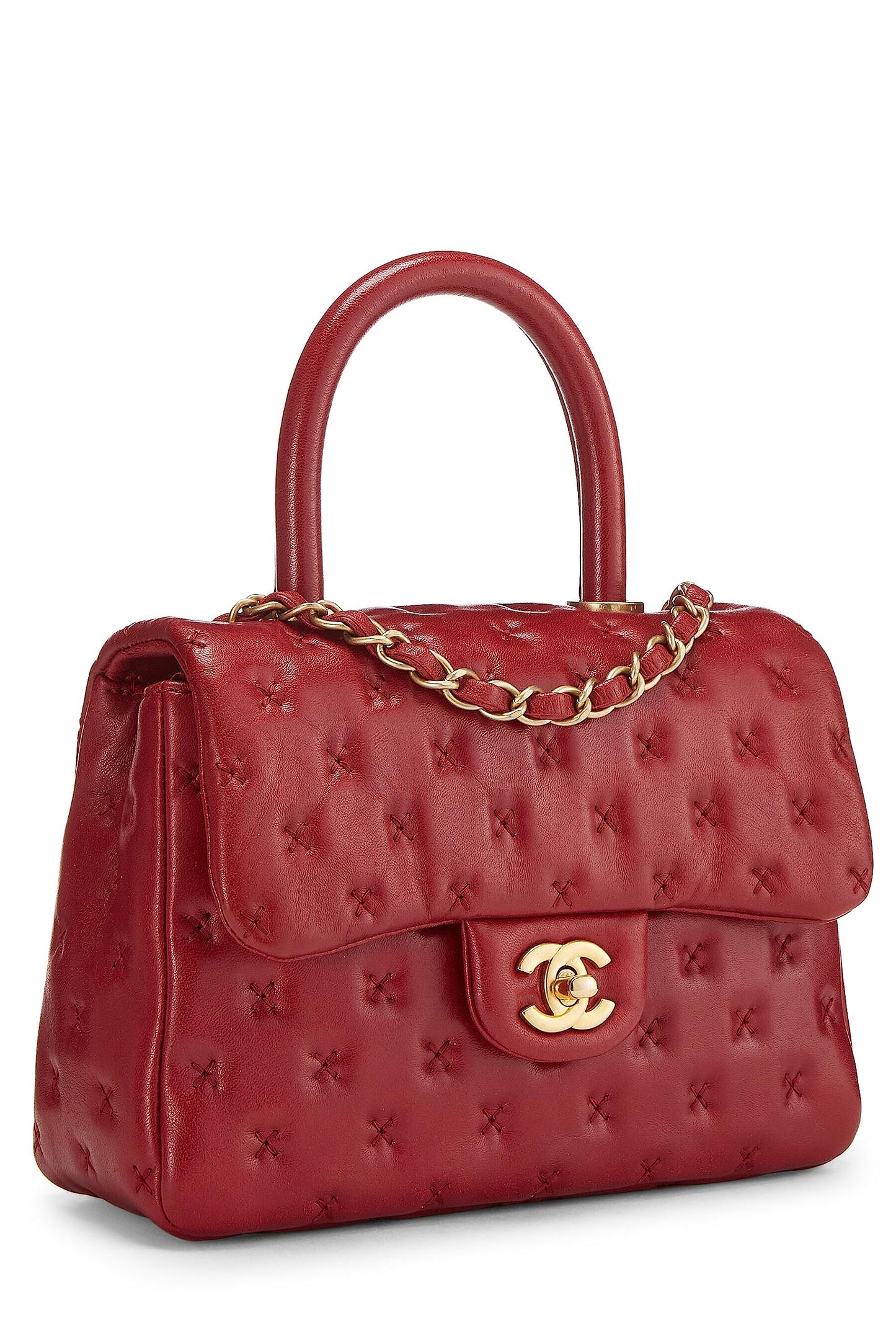 Chanel, Bolso mini con asa de coco y piel de cordero con punto de cruz rojo Pre-Loved, Rojo