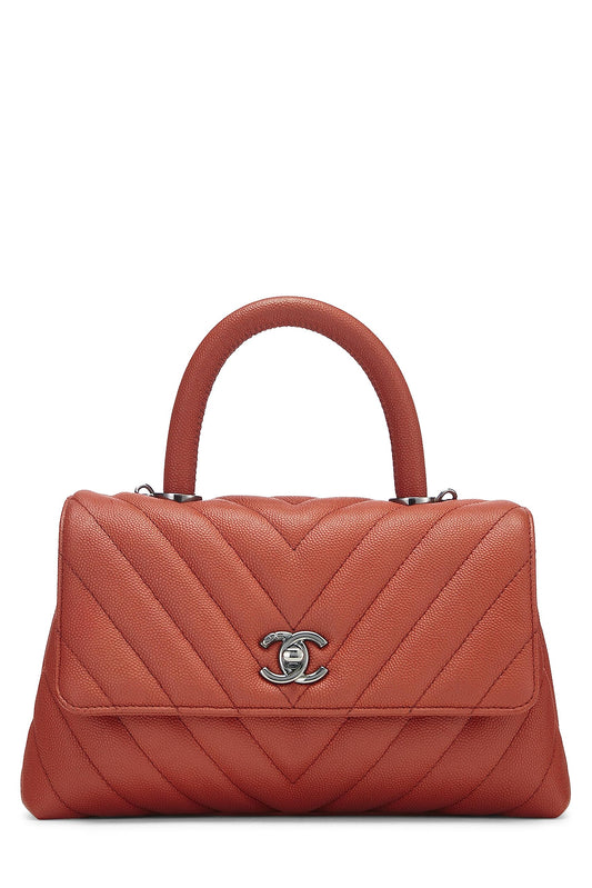 Chanel, sac à poignée en coco caviar orange chevron petit modèle d'occasion, orange