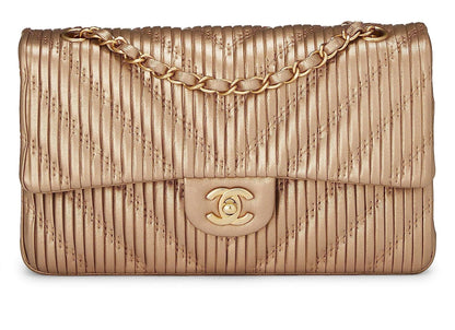 Chanel, Pre-Loved Gold Chevron Pleated Lambskin Classic Double Flap Medium, Gold