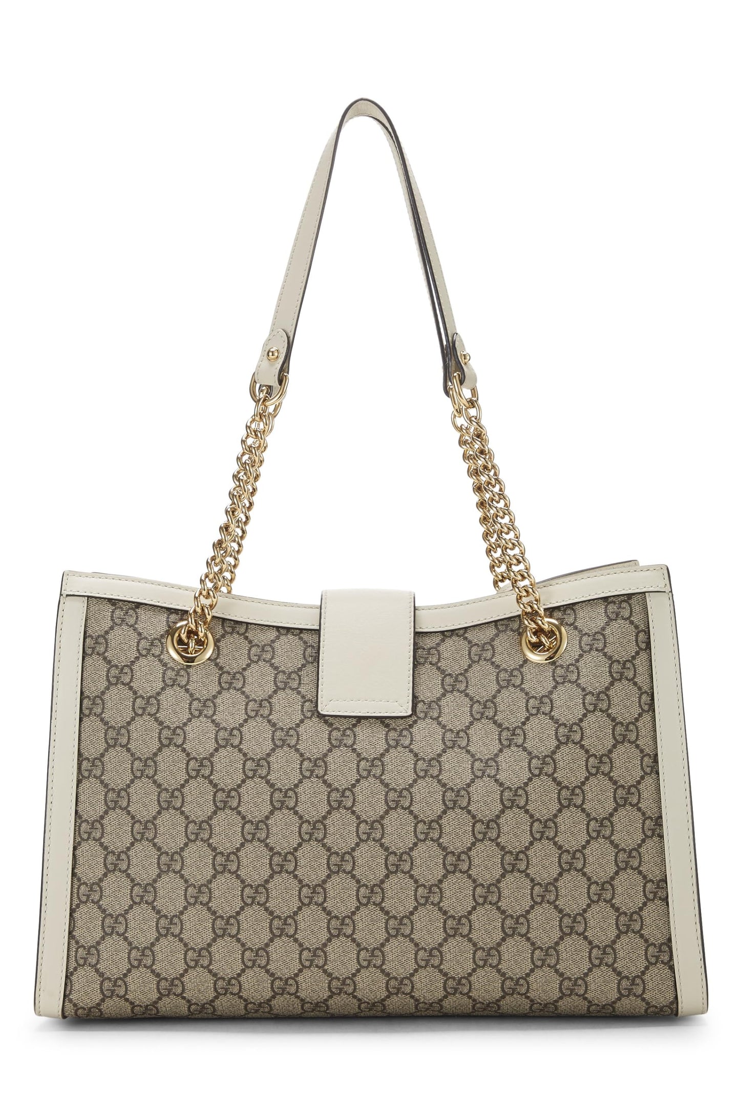 Gucci, Bolso tote mediano con candado de lona GG Supreme original crema Pre-Loved, Blanco