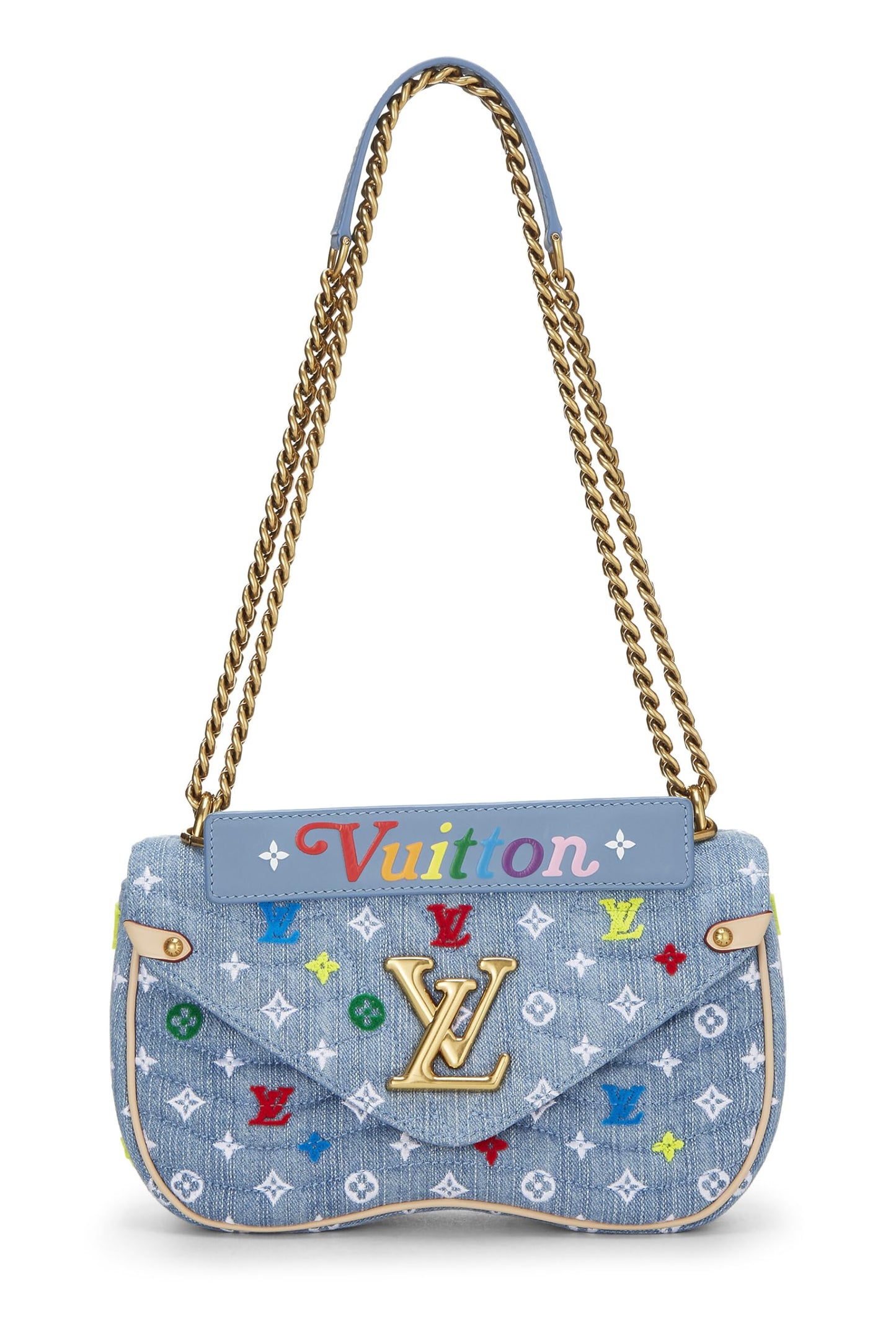 Louis Vuitton, Bolso con cadena New Wave de mezclilla con monograma acolchado azul Pre-Loved MM, Azul