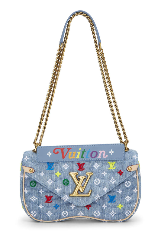 Louis Vuitton, Bolso con cadena New Wave de mezclilla con monograma acolchado azul Pre-Loved MM, Azul