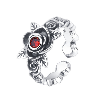 Bague en argent sterling S925 avec chaîne en épine de rose et zircone rouge