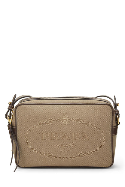 Prada, sac photo en toile beige avec logo d'occasion, marron