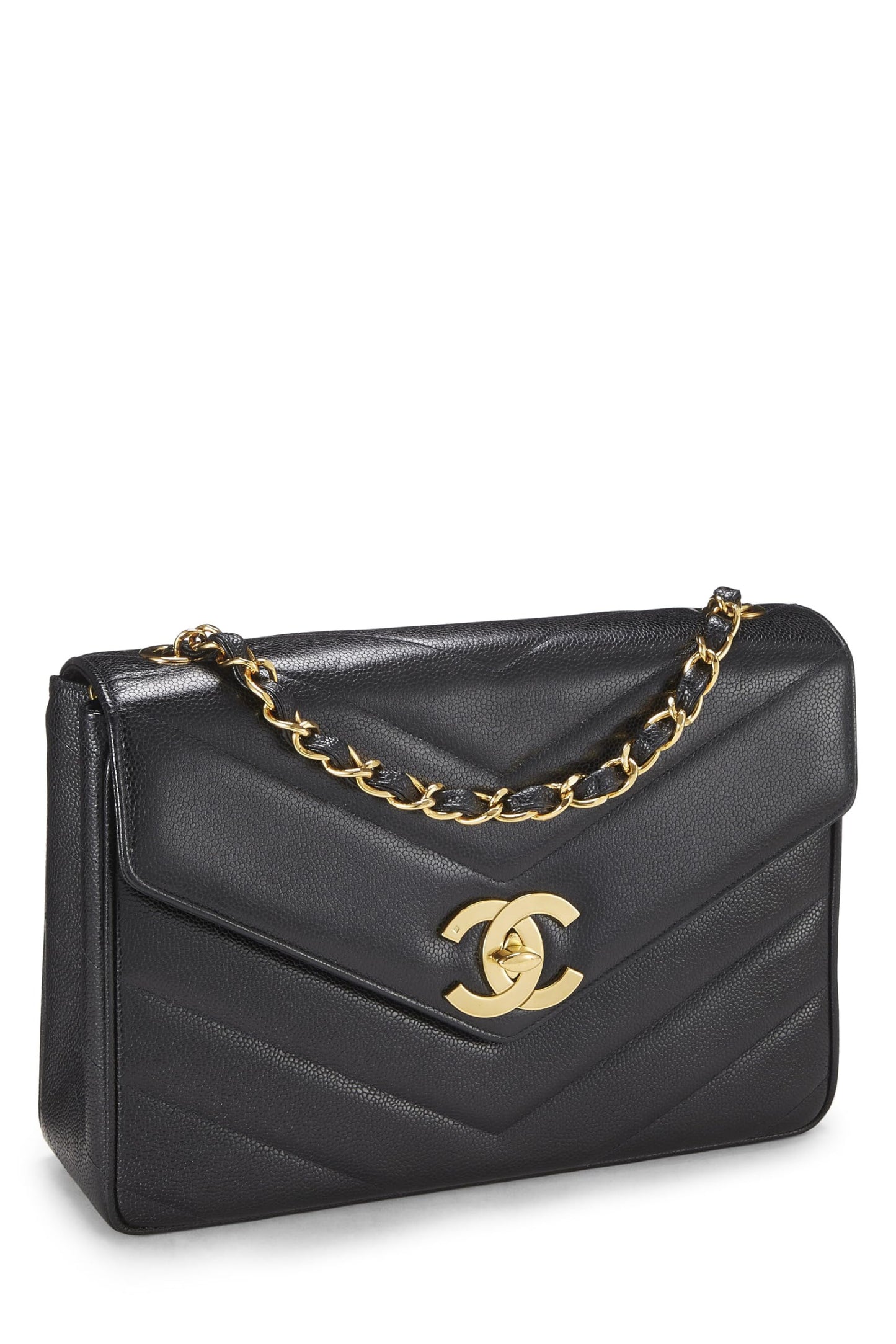 Chanel, enveloppe à rabat géante à chevrons Black Caviar d'occasion, noir