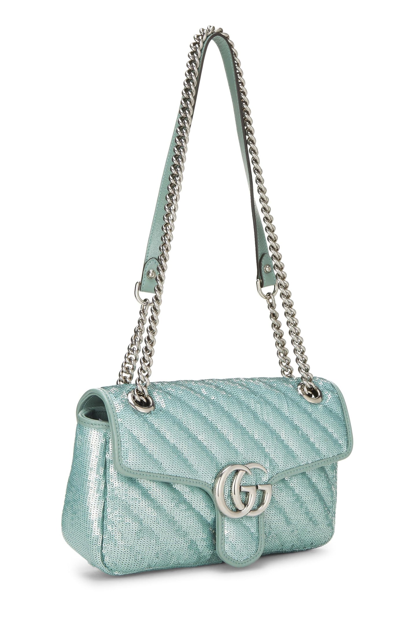 Gucci, Pre-Loved Blue Sequin GG Marmont Shoulder Bag Small, Green