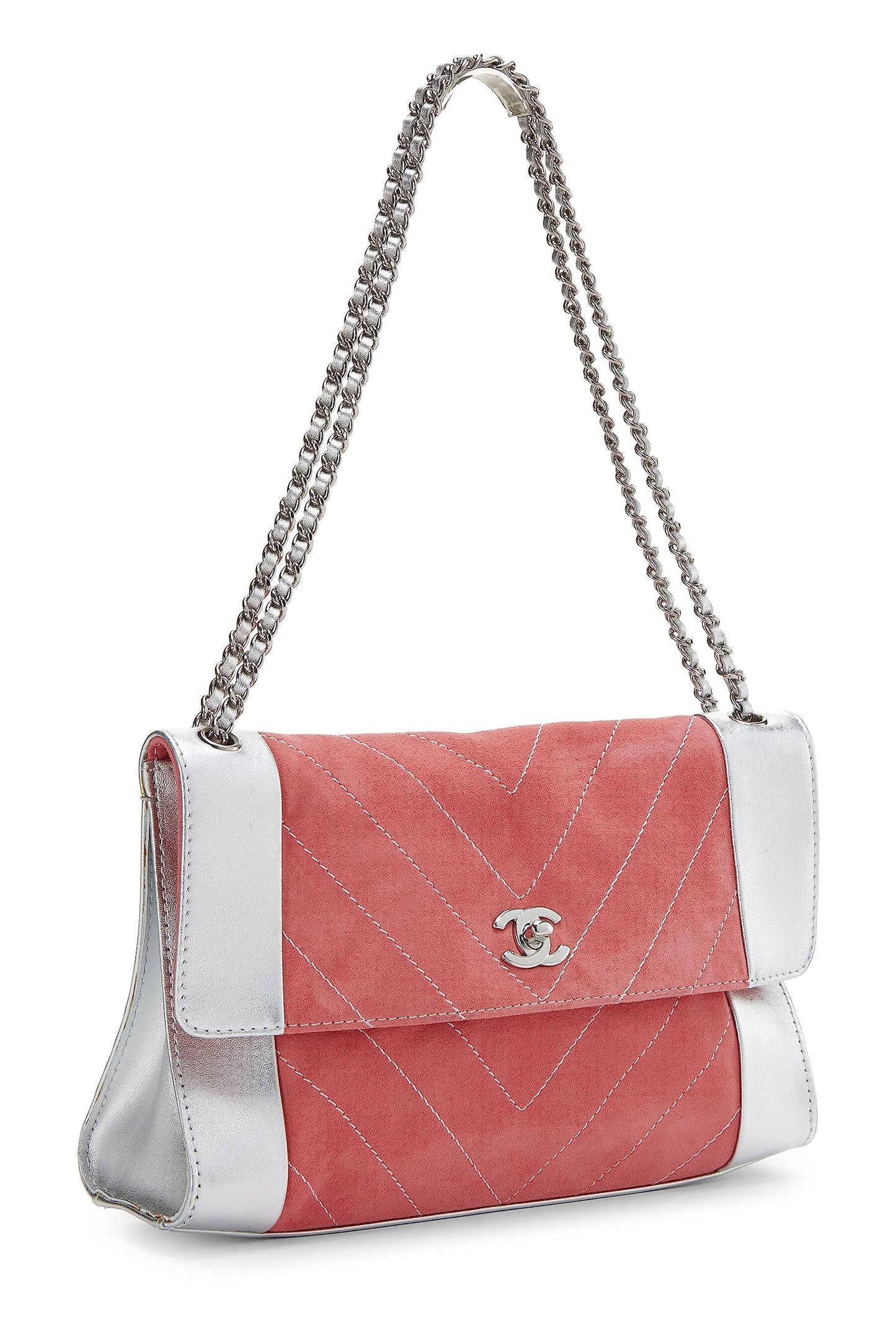 Chanel, Solapa Chevron mediana de ante rosa y cuero plateado Pre-Loved, Rosa