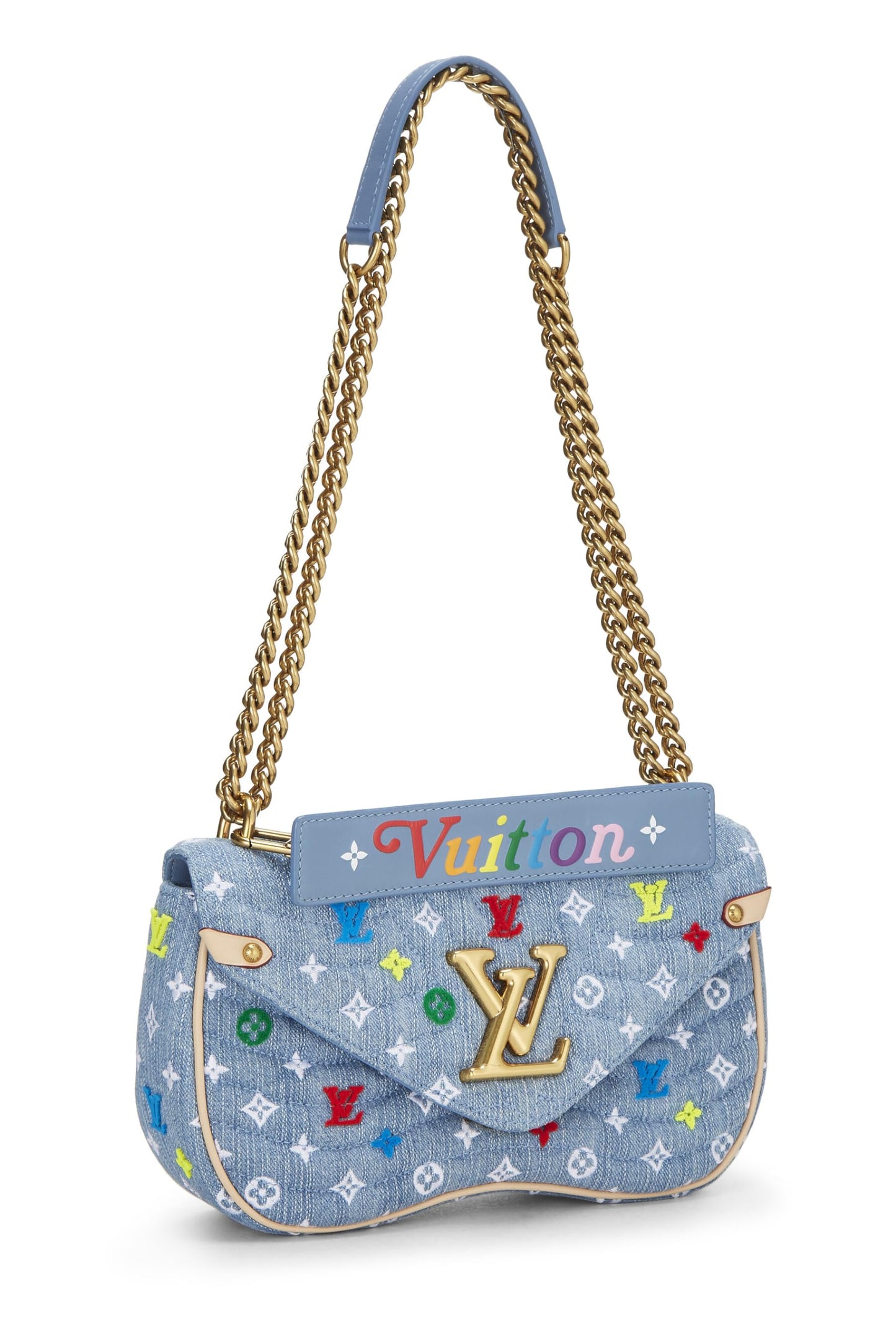 Louis Vuitton, Bolso con cadena New Wave de mezclilla con monograma acolchado azul Pre-Loved MM, Azul