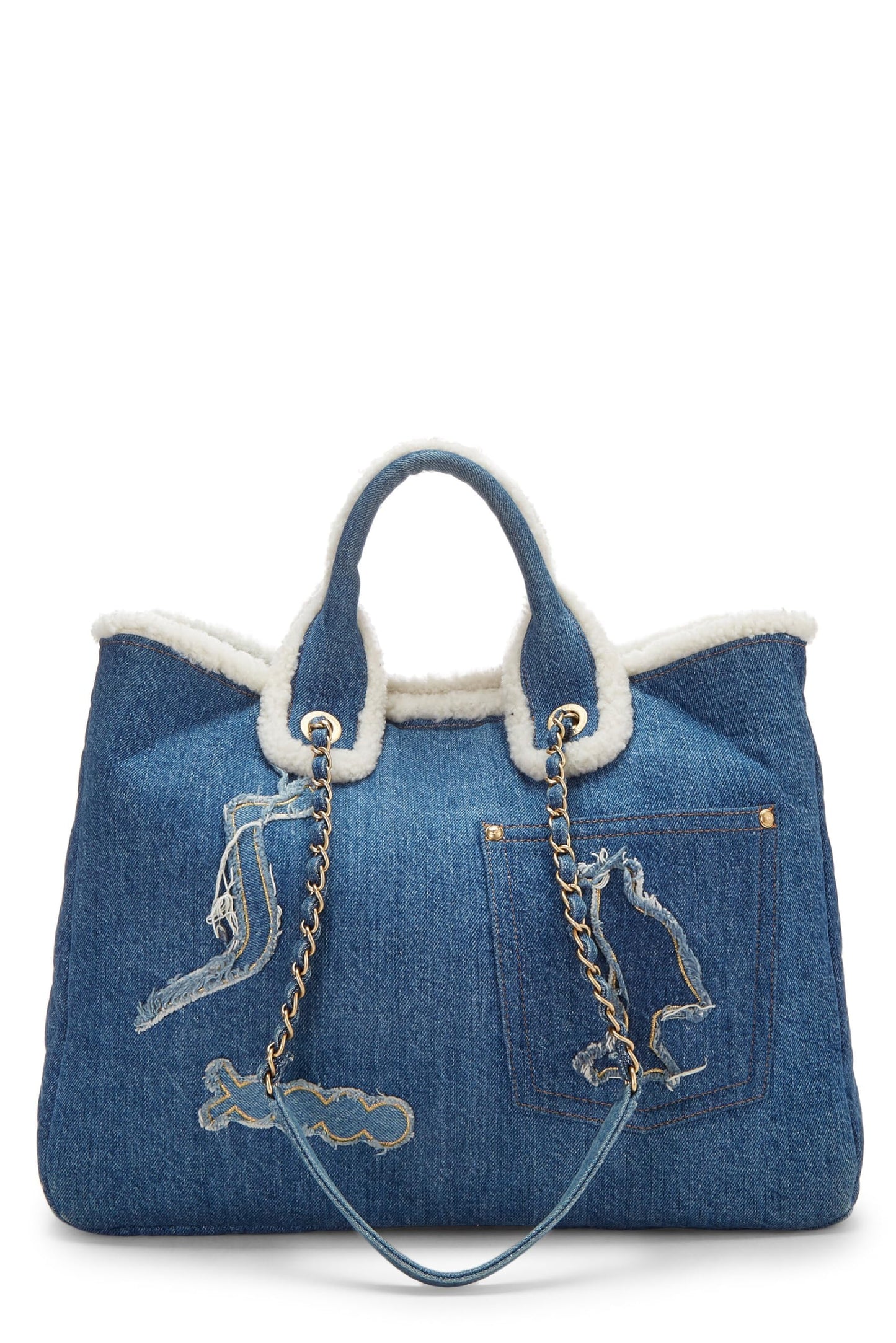 Chanel, sac cabas Hiéroglyphe Paris-Egypte en denim bleu et peau de mouton d'occasion, bleu