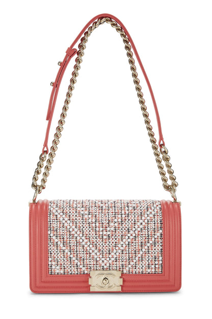 Chanel, Pre-Loved Pink & Multicolor Tweed Chevron Pearl Boy Bag Medium, Pink