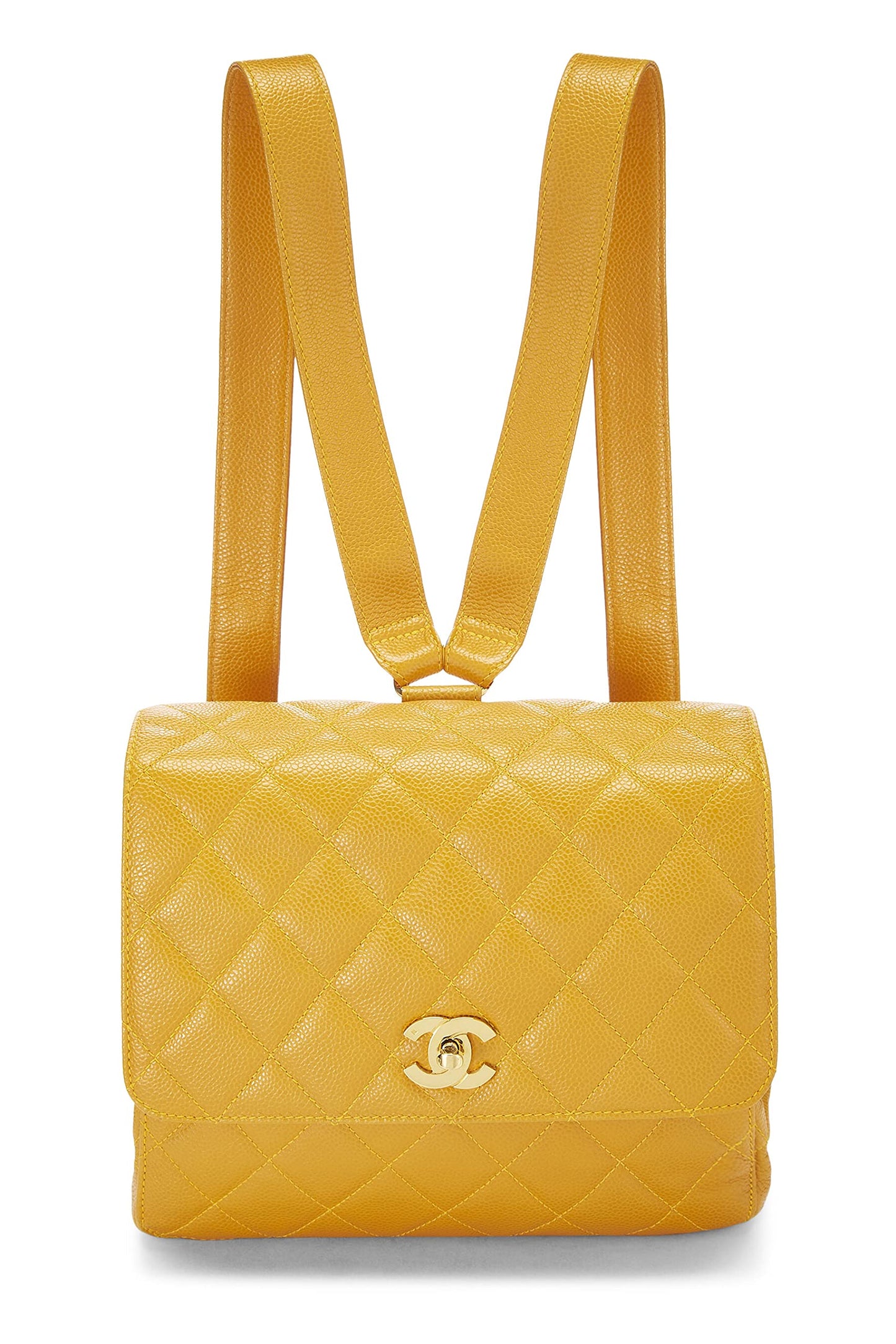 Chanel, Pre-Loved Yellow Quilted Caviar Backpack, Yellow