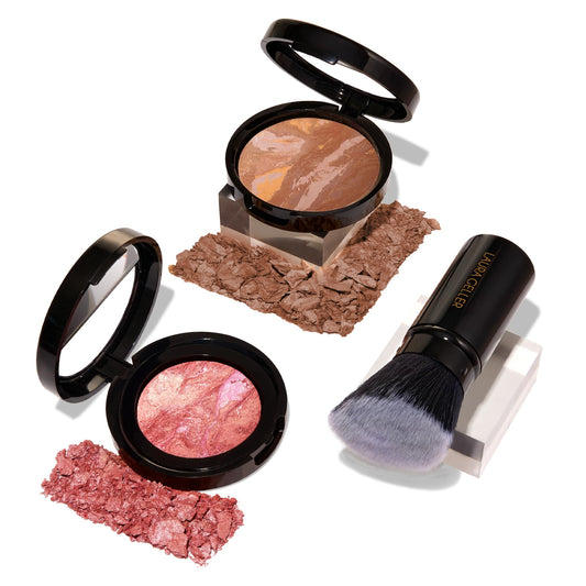 Kit 3 pièces Blush-n-Balance de LAURA GELLER NEW YORK Fond de teint correcteur de couleur Baked Balance-N-Brighten, bronzage + pinceau kabuki rétractable + Baked Blush-N-Brighten, Tropic Hues