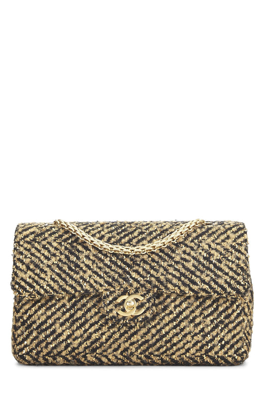 Chanel, Pre-Loved Black & Metallic Tweed Half Flap Medium, Gold