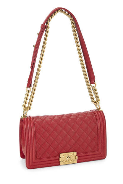 Chanel, Pre-Loved Red Quilted Caviar Boy Bag Medium, Red