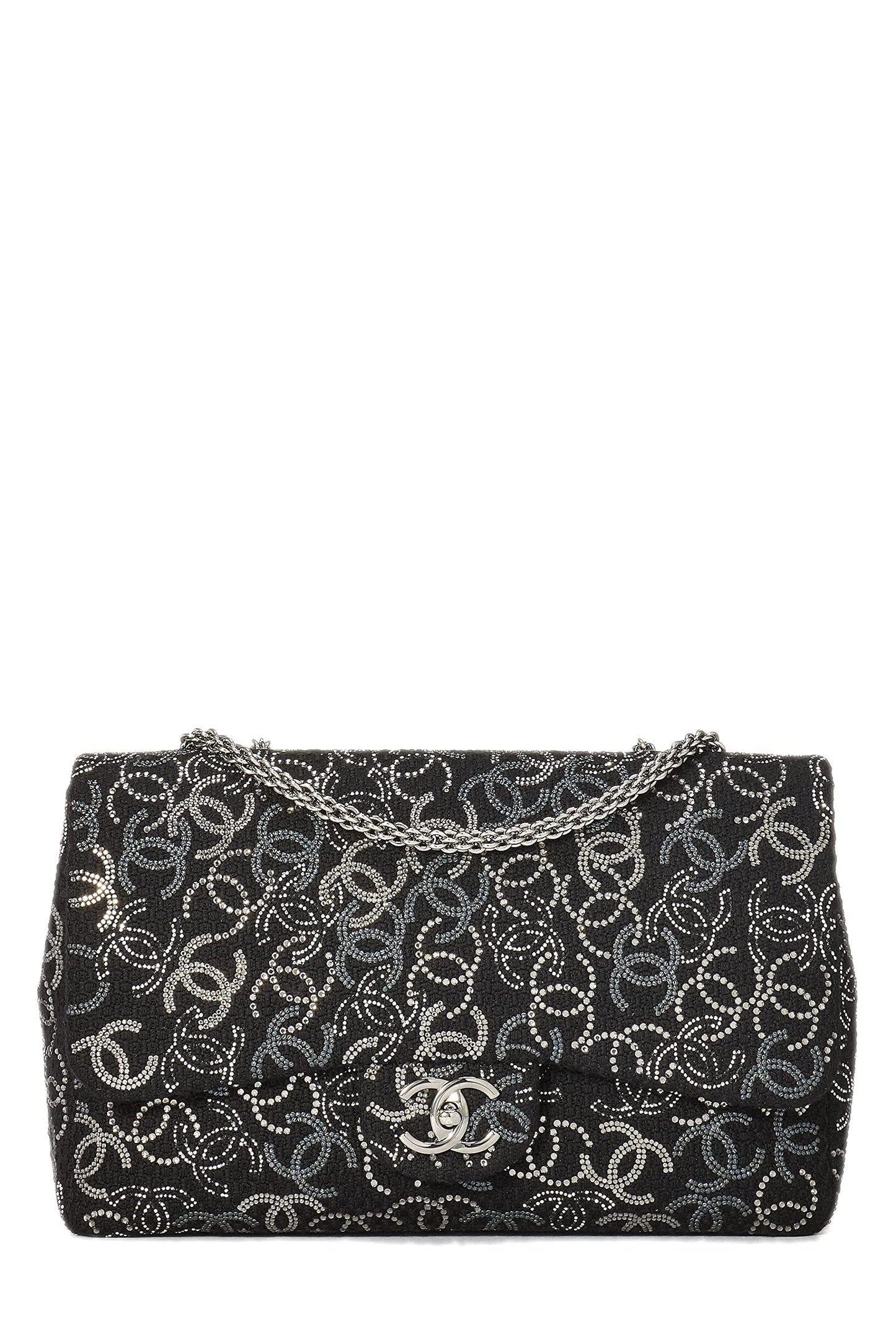 Chanel, sac à main jumbo à demi-rabat en tweed noir et cristaux Paris-Shanghai, modèle CC, d'occasion, noir