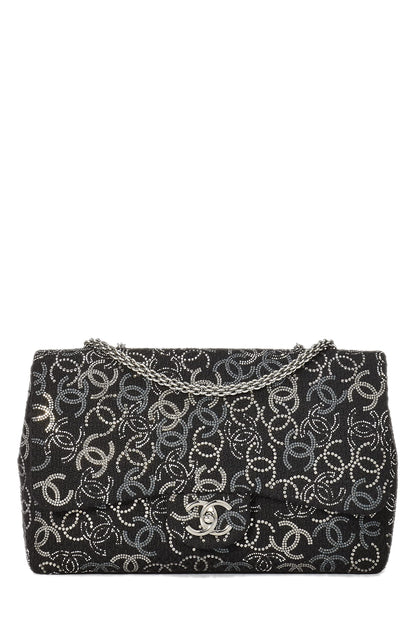 Chanel, sac à main jumbo à demi-rabat en tweed noir et cristaux Paris-Shanghai, modèle CC, d'occasion, noir