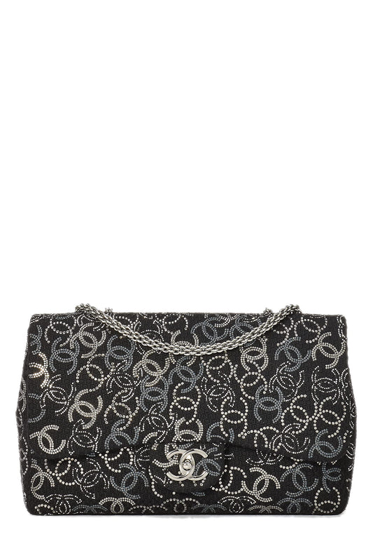 Chanel, sac à main jumbo à demi-rabat en tweed noir et cristaux Paris-Shanghai, modèle CC, d'occasion, noir