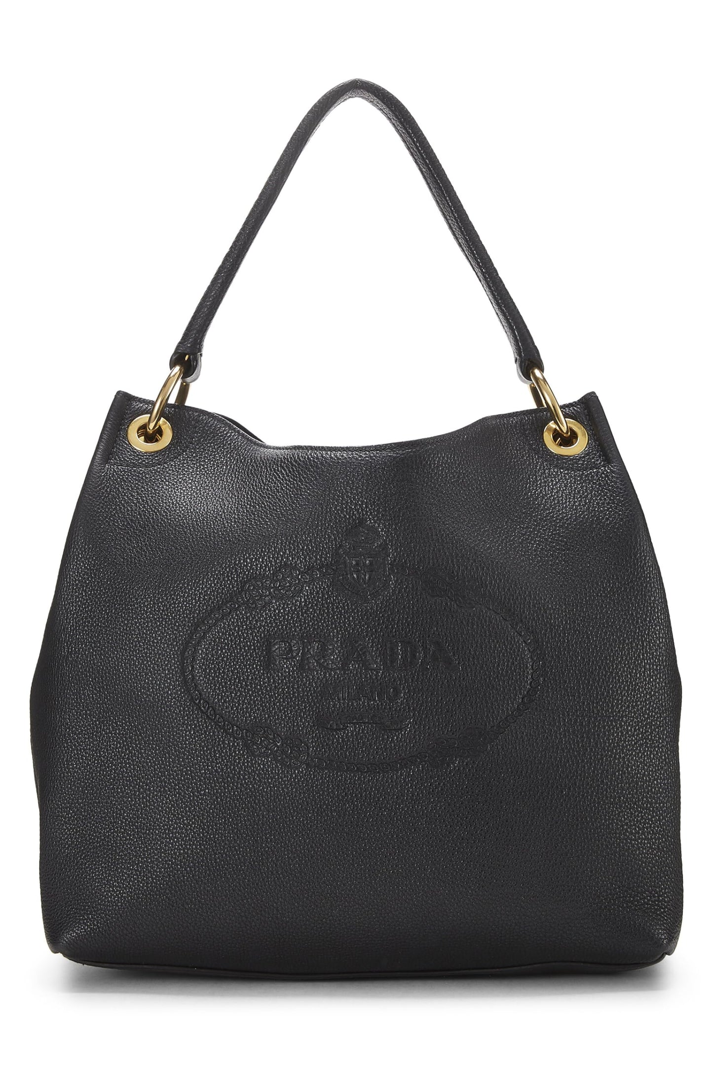 Prada, Pre-Loved Black Vitello Daino Embossed Logo Hobo, Black