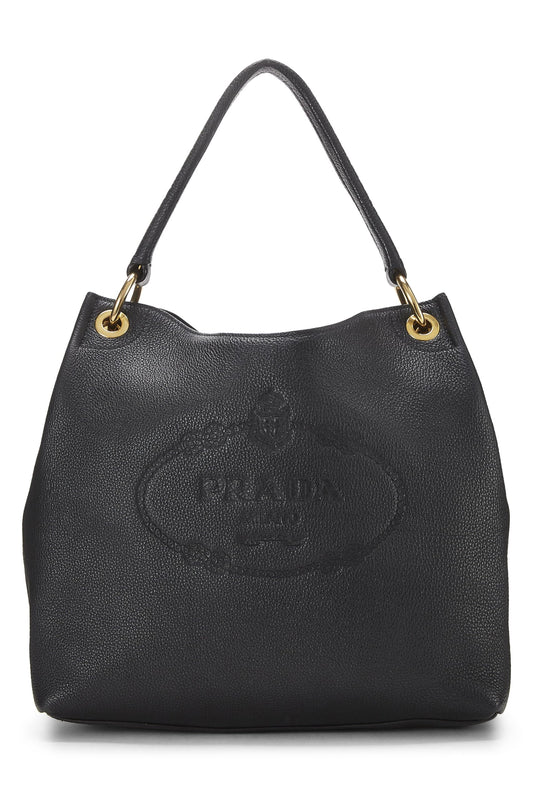 Prada, Hobo negro con logo en relieve Vitello Daino Pre-Loved, Negro