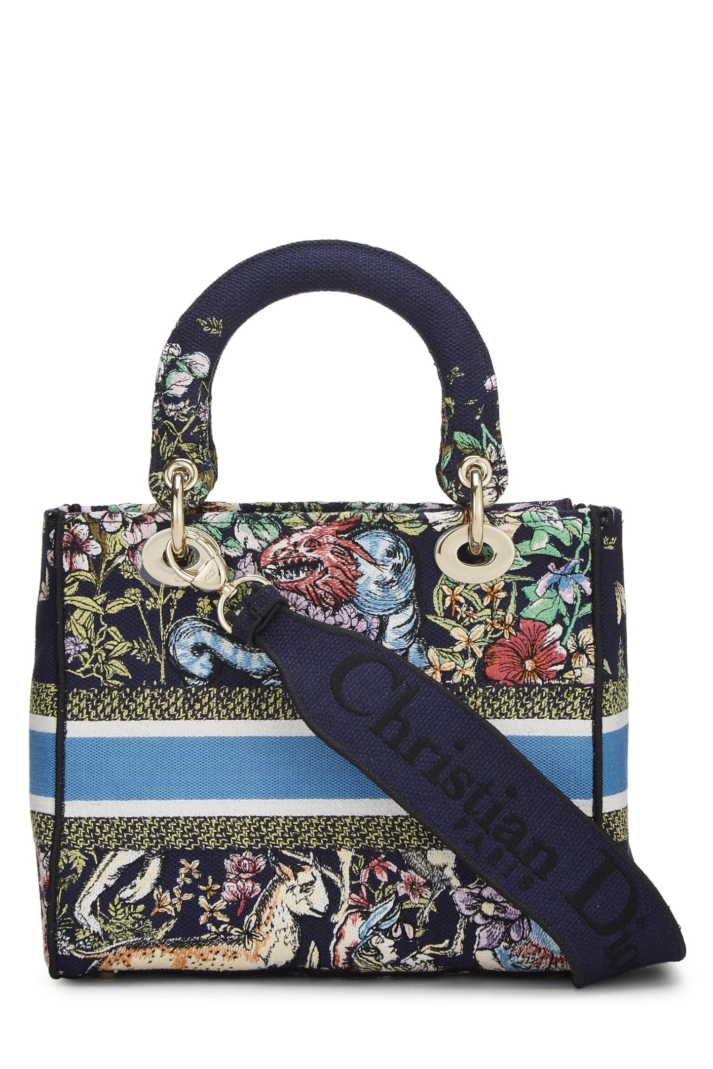 Dior, Lady D-Lite Medium en toile brodée bleu marine d'occasion, multicolore